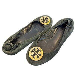 Tory Burch Ballet Flats Reva Women's Navy Suede Gold‎ Logo Medallion Size 7.5